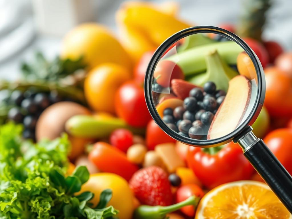 Magnifying glass zooming in on fresh fruits and vegetables, highlighting food quality and nutrition.