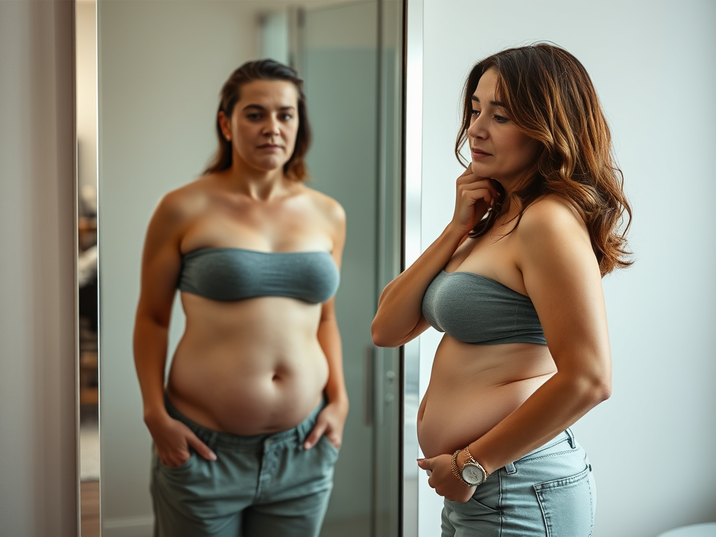 Woman in a bandeau top looking at her reflection in the mirror, examining her stomach with a thoughtful expression.