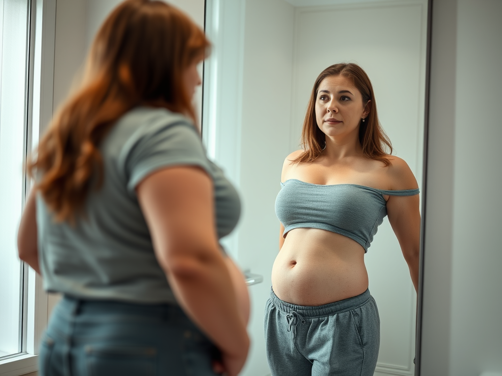 Woman in a blue bandeau top and sweatpants looking at her reflection in the mirror with a thoughtful expression.
