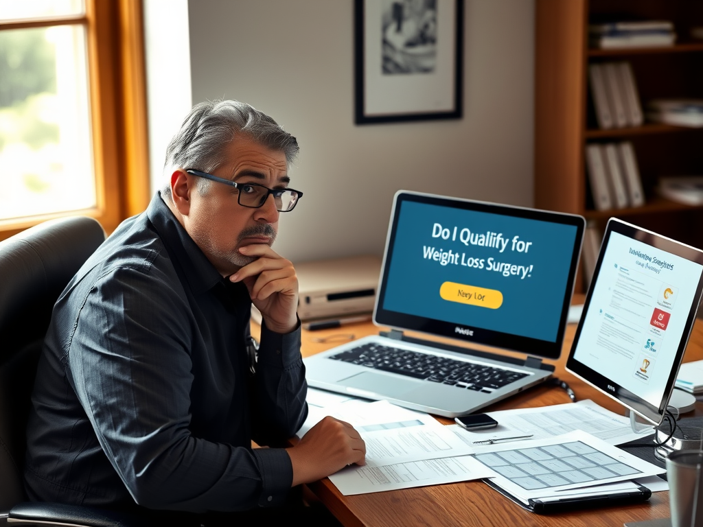 Middle-aged man in glasses sitting at a desk, looking at a computer screen displaying 'Do I Qualify for Weight Loss Surgery?'