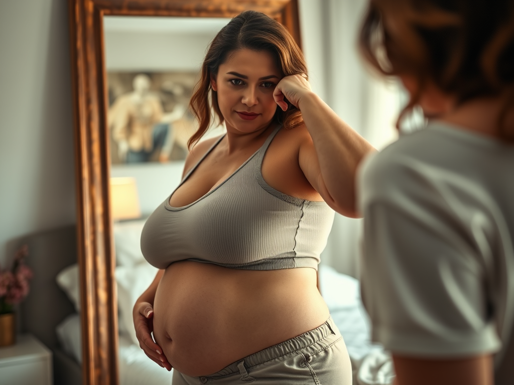A woman in a gray sports bra and sweatpants standing in front of a mirror, looking at her reflection with a thoughtful expression in a warmly lit bedroom.