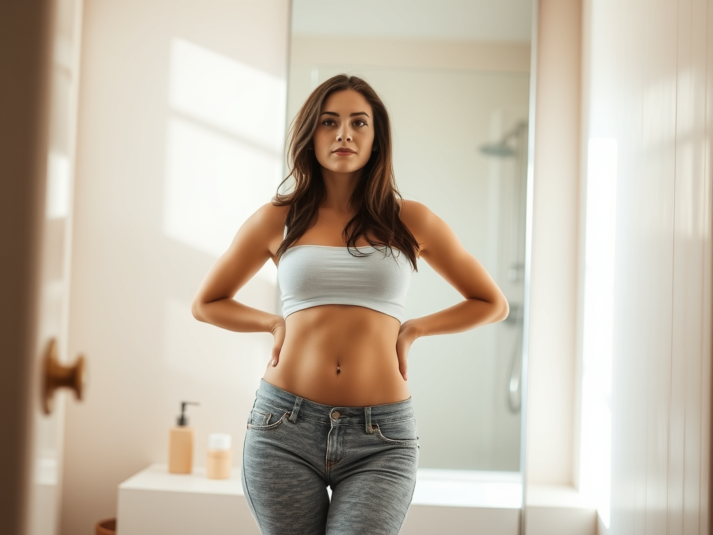Fit woman in a white bandeau top and jeans standing in front of a mirror, looking at her reflection with confidence.